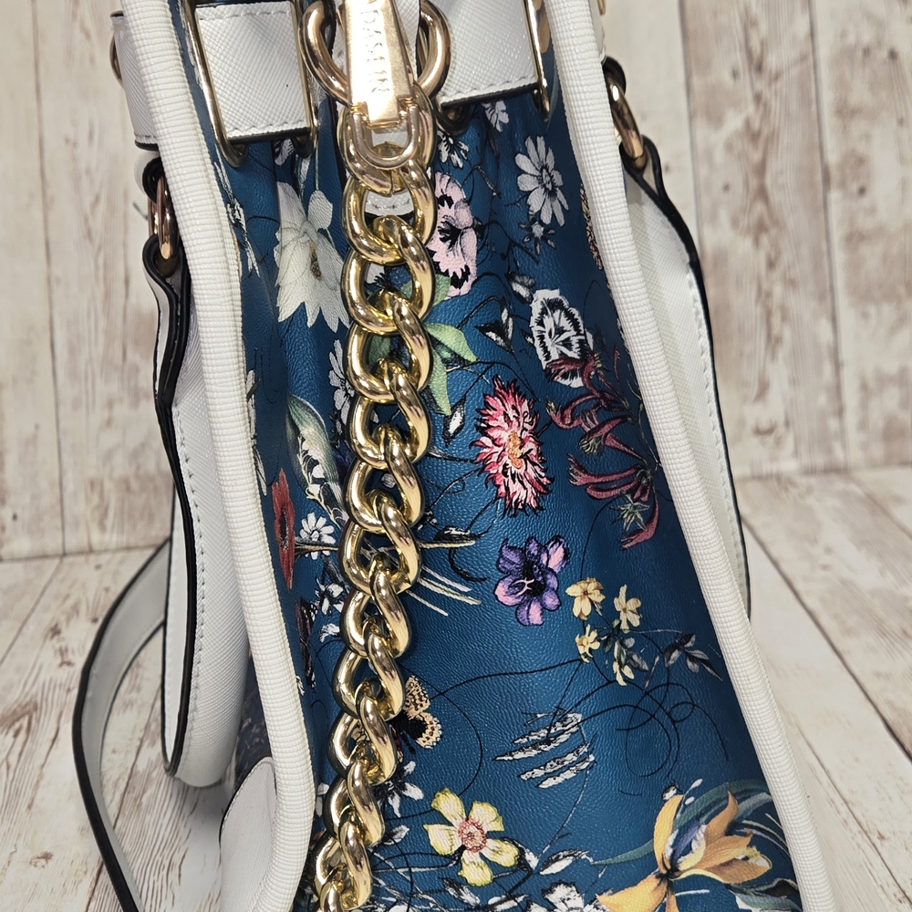 Dasein Floral Satchel Crossbody Bag Blue White Gold Hardware - Picture 13 of 14